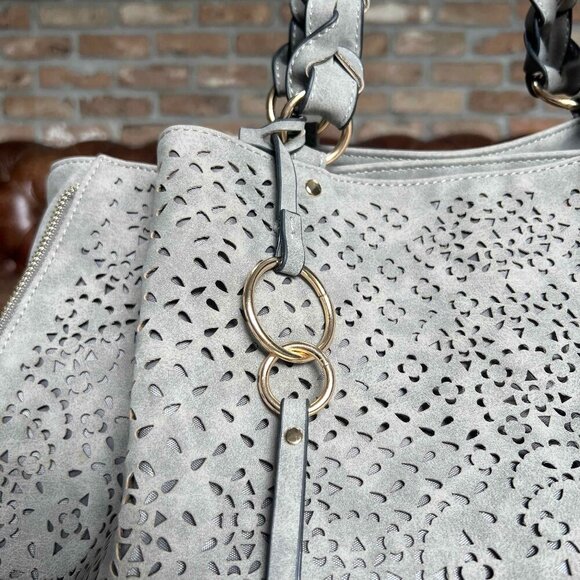 Violet Ray Faux Suede Laser Cut Gray Tote Bag Lined Boho Chic EUC mulberryfoundr - Picture 2 of 16